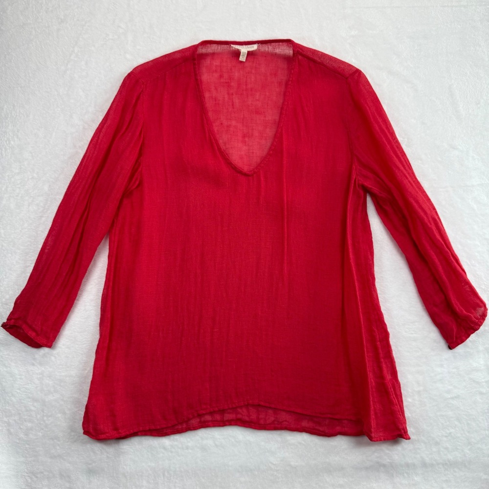 Eileen Fisher Linen Tunic Top V Neck Long Sleeve Red Petite Size PS READ